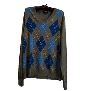 Express Men's M Wool Blend Sweater V Neck Gray Blue Argyle Pullover Long Sleeve